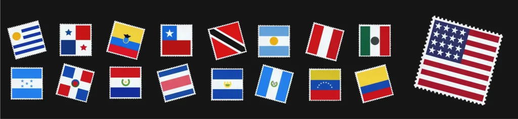 fondo negro con las banderas de paises latinoamericanos y estados unidos